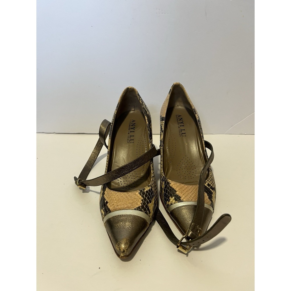 Anyi Lu Snake Skin Pointed-Toe Mary Jane Pumps